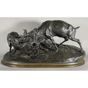Pierre Jules Mêne 1810-1879 Group Of Fighting Deer. Patinated Bronze