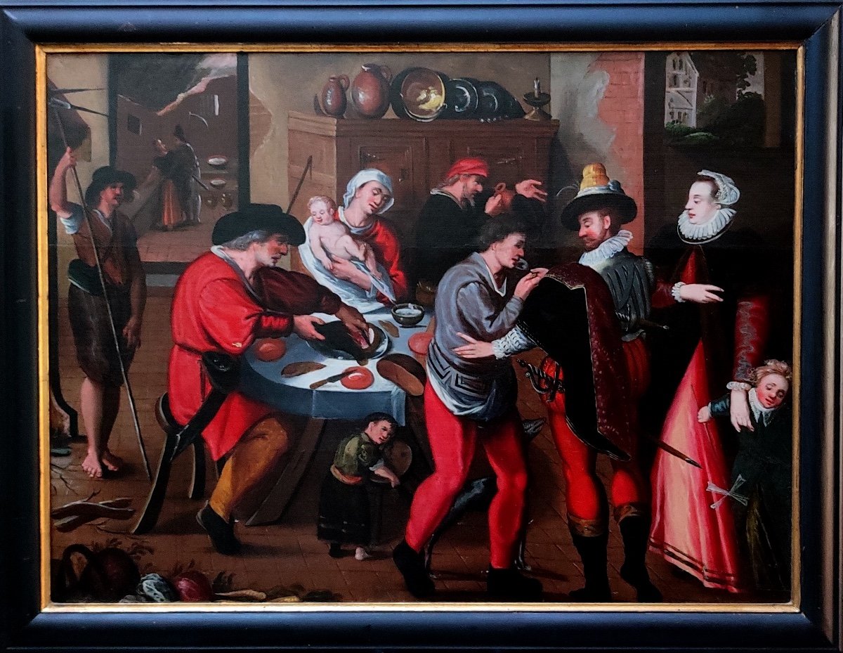 Oil Painting - Visit Of Lords To Peasants - Antwerp School - Circa 1570