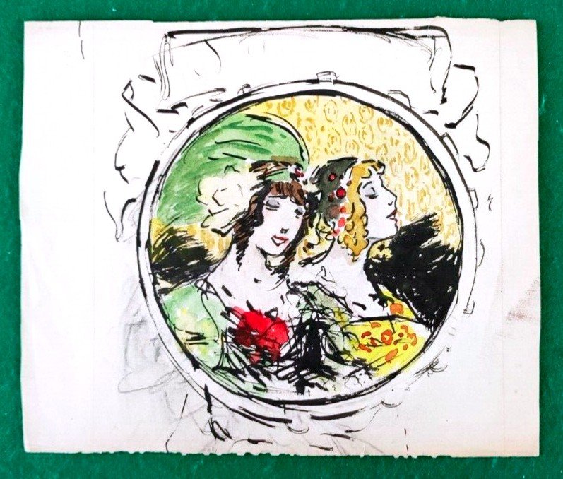C16/57-DESSIN ORIGINAL-ERNEST GAYAC-AQUARELLE-FEMMES-1920