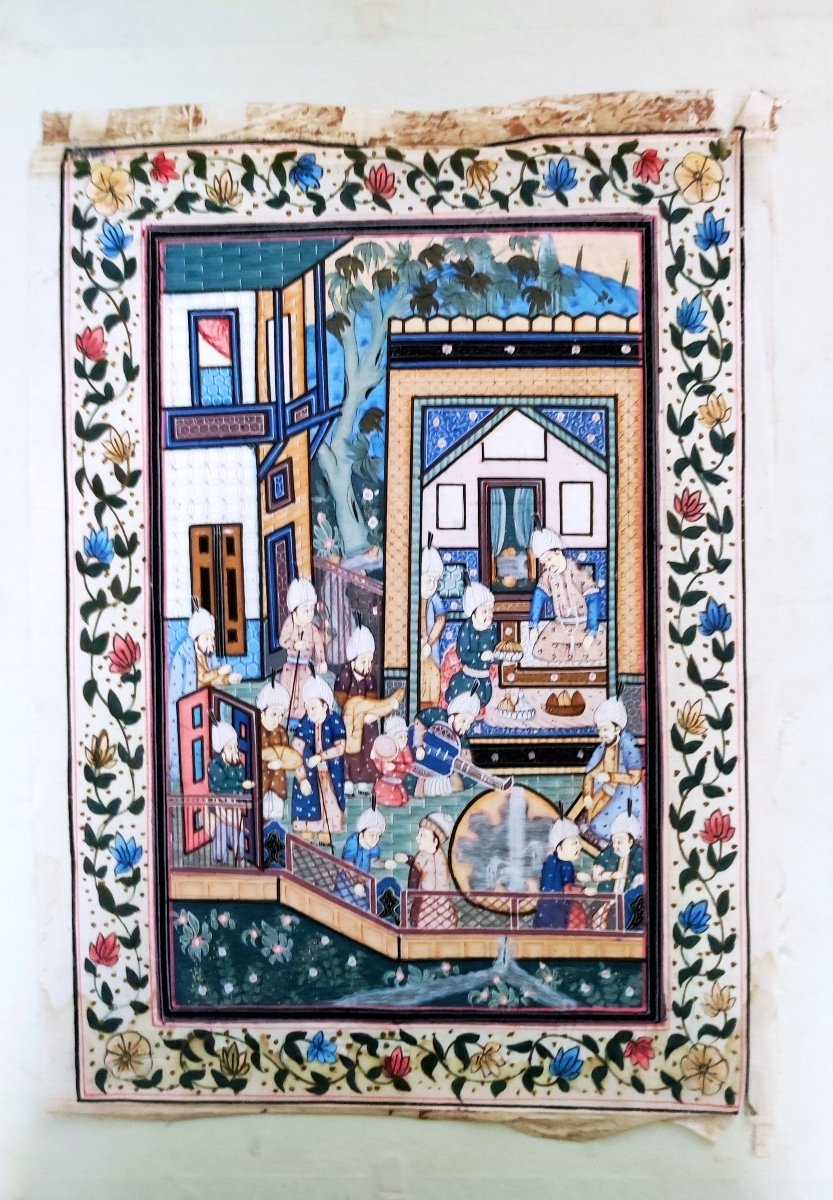 Gco19-gouache Painting-on Silk-king Khosrow Seated On His Throne-iran-19th