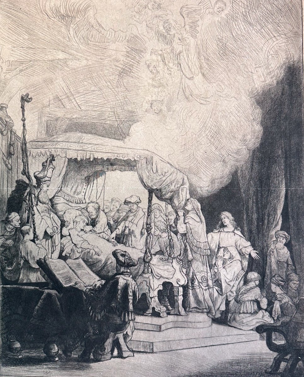 CGD27-GRAVURE ORIGINALE-REMBRANDT-LA MORT DE LA VIERGE-3ÈME ÉTAT-[1639]-TIRAGE-19E