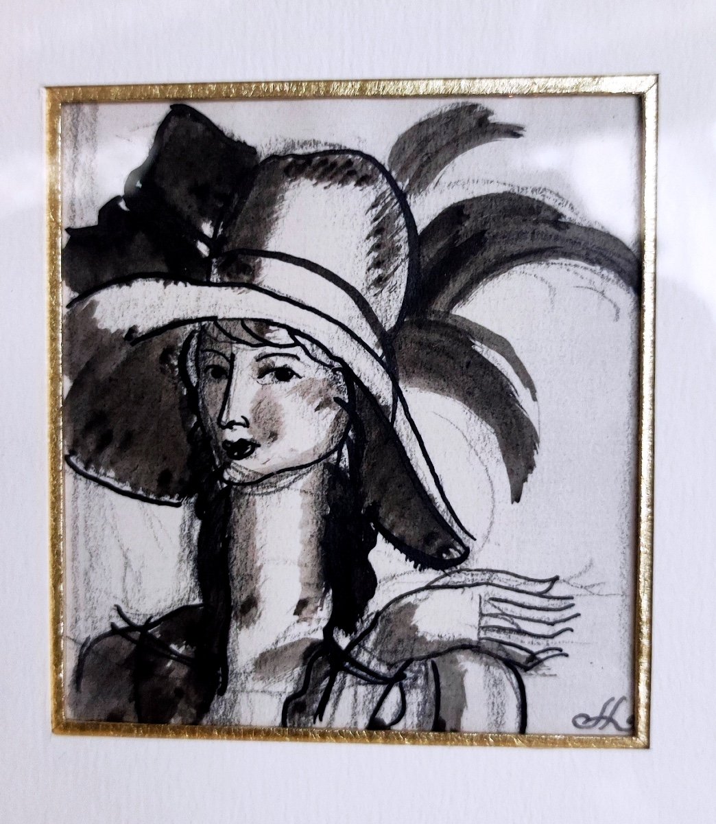 DESSIN ORIGINAL-SOUS CADRE-CRAYON-PASTEL-JEAN DUPAS-FEMME GALANTE AU CHAPEAU À PLUMES-1925-photo-4