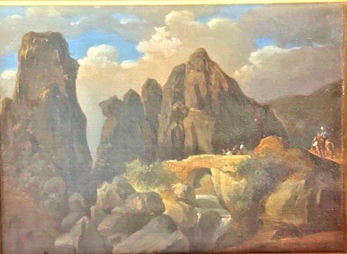 C27-PEINTURE À L'HUILE-MONTSERRAT-ESPAGNE-VUE DE CATALOGNE[LA TRAVERSÉE DU PONT DE PIERRE]-XIXe-photo-3