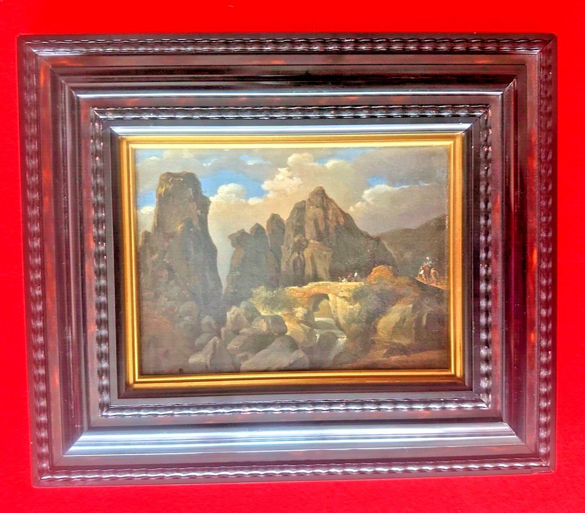 C27-PEINTURE À L'HUILE-MONTSERRAT-ESPAGNE-VUE DE CATALOGNE[LA TRAVERSÉE DU PONT DE PIERRE]-XIXe