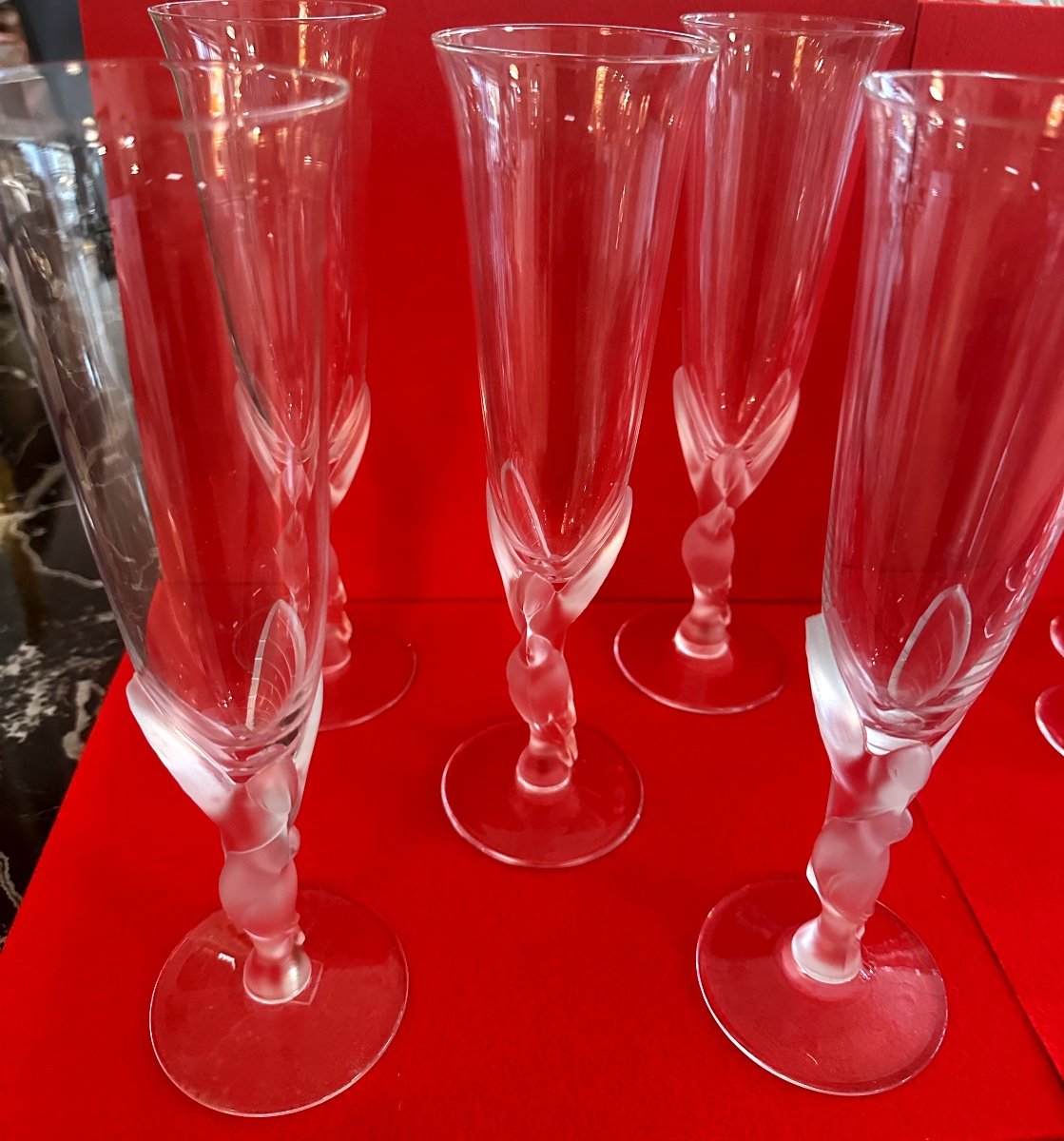 5 Champagne Flutes- Igor Carl Faberge-the Snow Doves-crystal And Molded-pressed Glass-photo-2