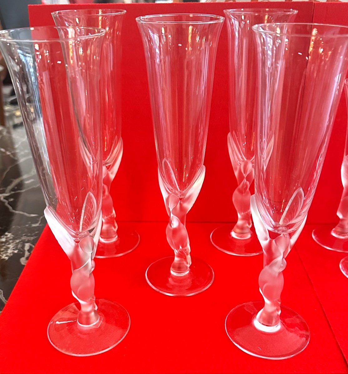 5 Champagne Flutes- Igor Carl Faberge-the Snow Doves-crystal And Molded-pressed Glass-photo-2