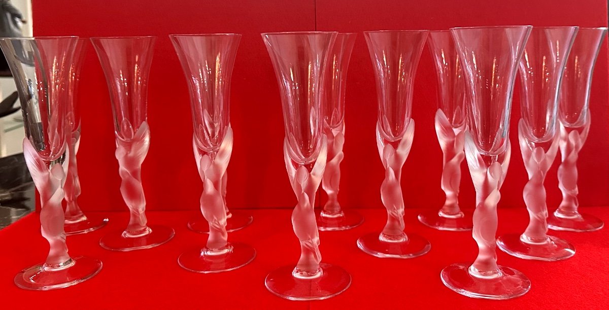 12 Champagne Flutes- Igor Carl Faberge-the Snow Doves-crystal And Molded-pressed Glass-photo-2