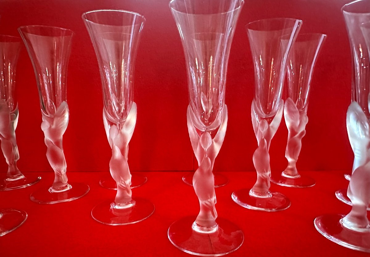 12 Champagne Flutes- Igor Carl Faberge-the Snow Doves-crystal And Molded-pressed Glass-photo-4