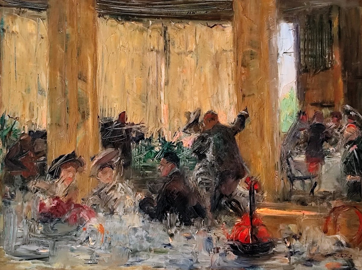PEINTURE À L'HUILE-ACHILLE ZO-DÉJEUNER DANSANT CHEZ LES EMBUSQUÉS-GRANDE GUERRE-BAYONNE-photo-3