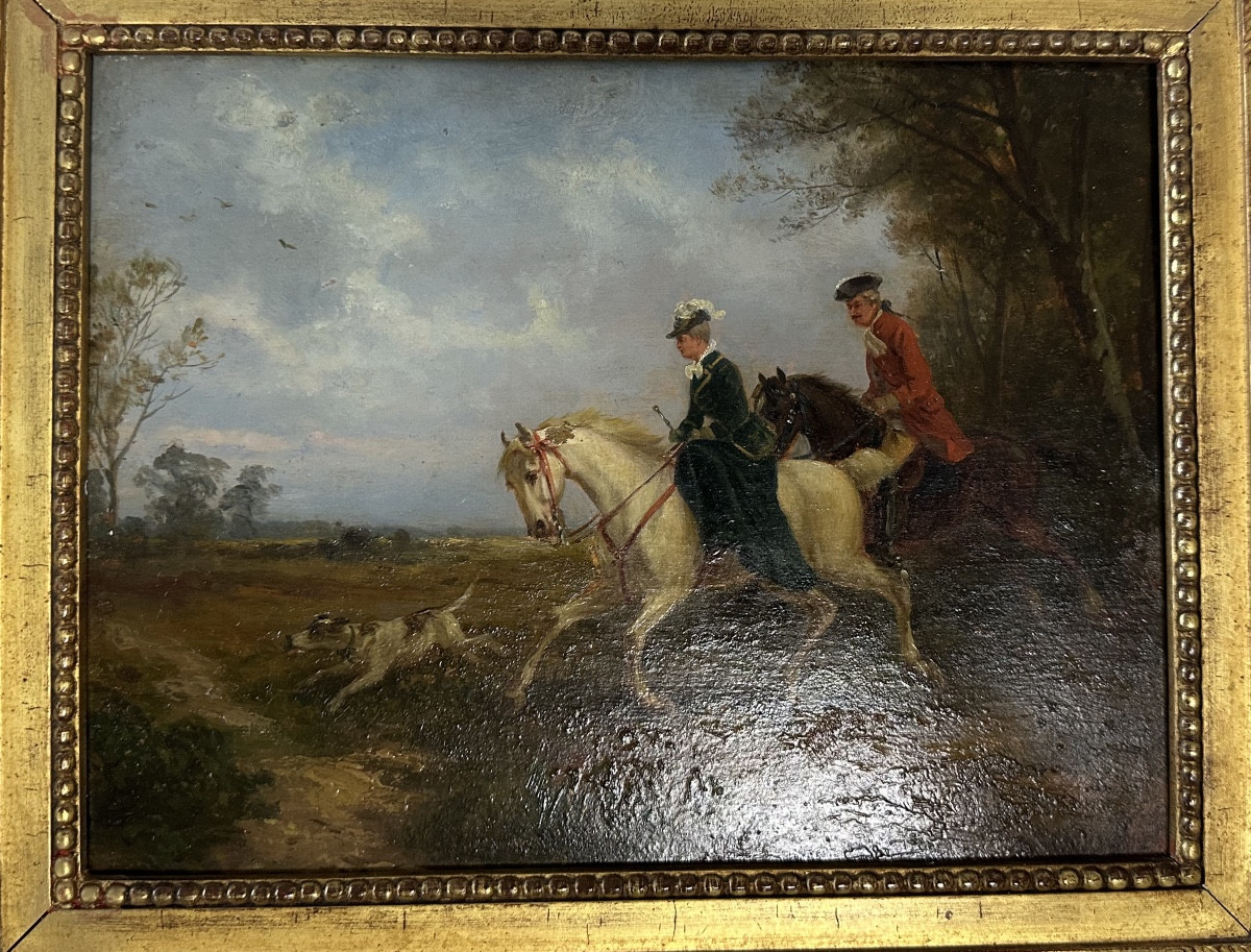 Bout-oil On Panel-horsemen-romantic Scene-19th-photo-2