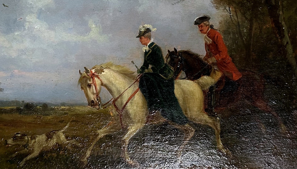 Bout-oil On Panel-horsemen-romantic Scene-19th-photo-3