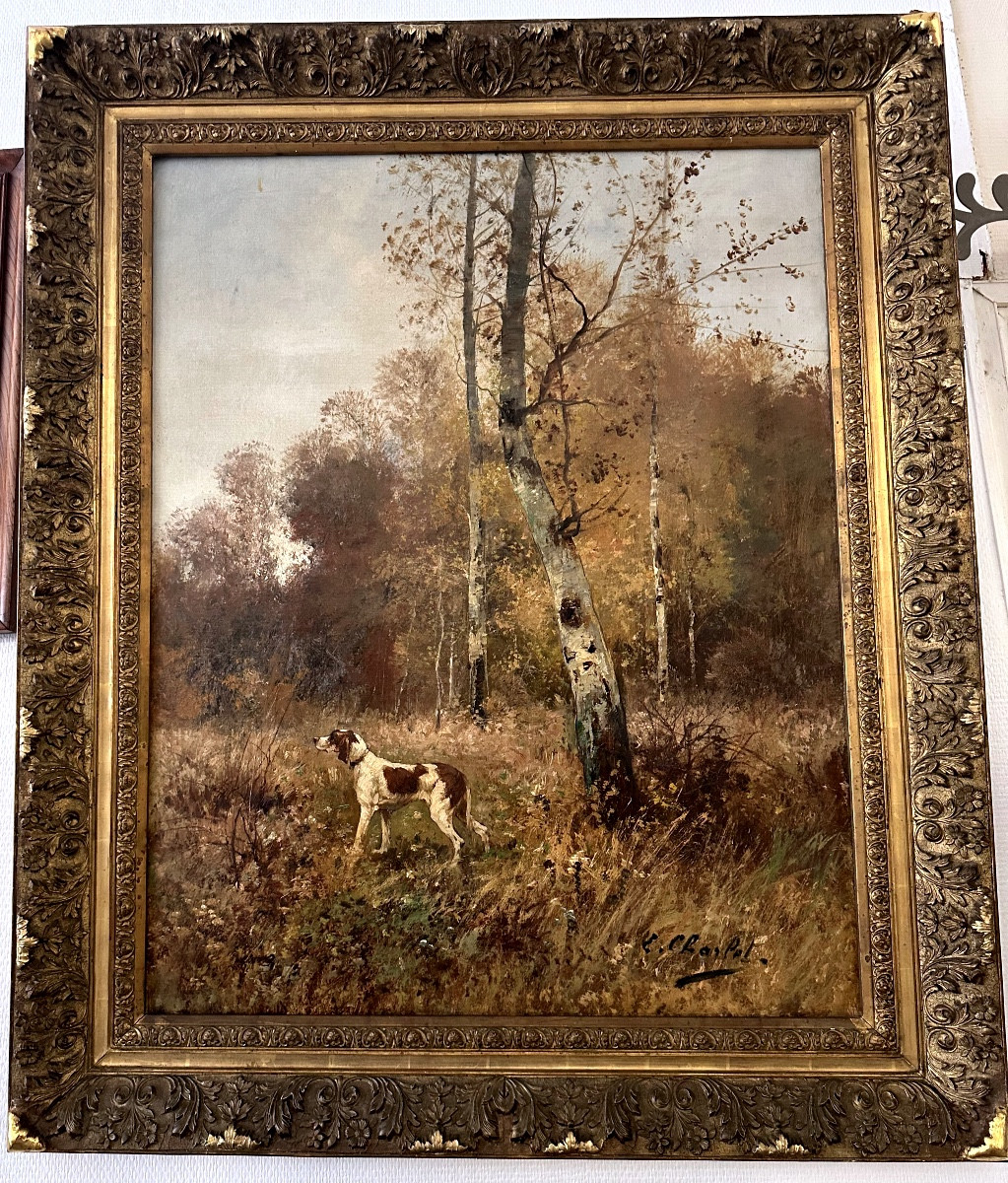 Bout-oil On Canvas-signed-hunting-émile Charlet-pointing Dog In The Undergrowth-circa 1880-photo-2