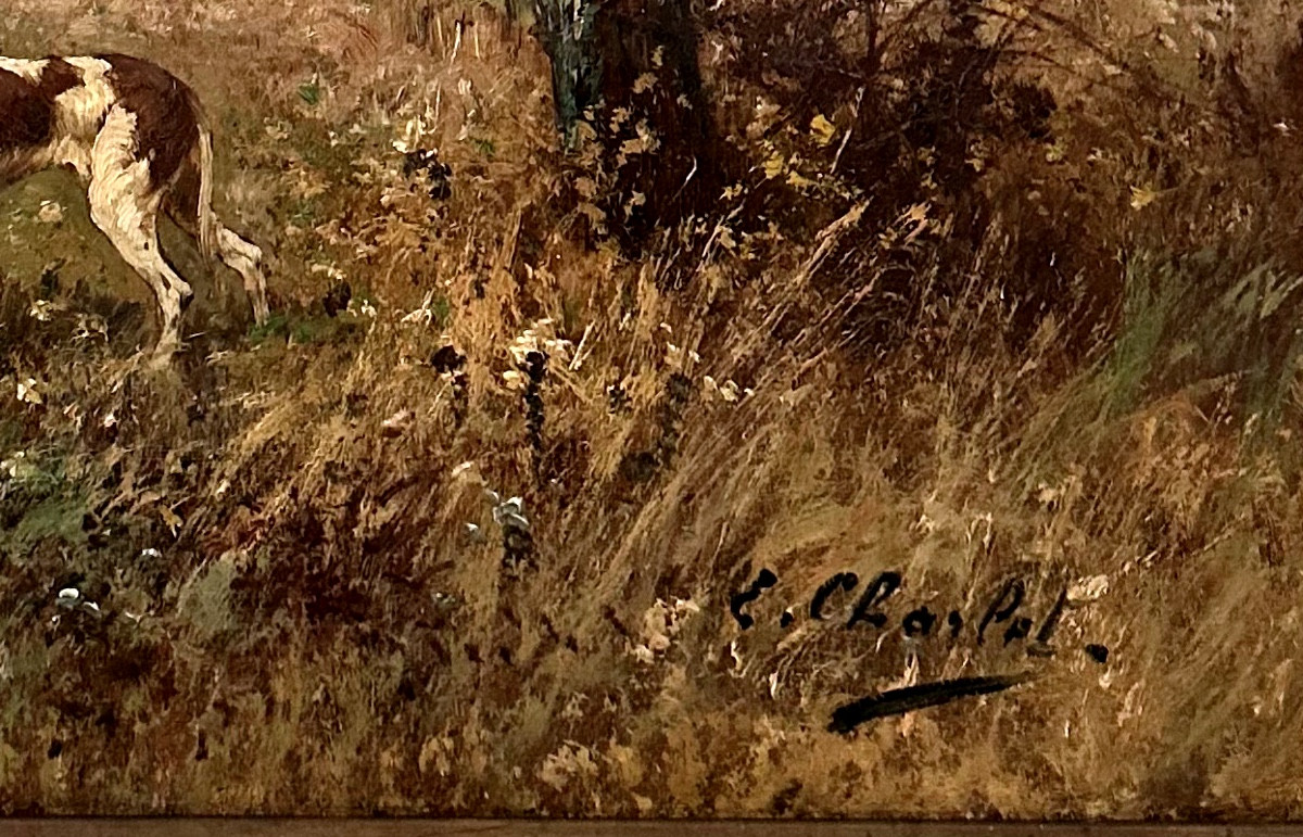 Bout-oil On Canvas-signed-hunting-émile Charlet-pointing Dog In The Undergrowth-circa 1880-photo-3