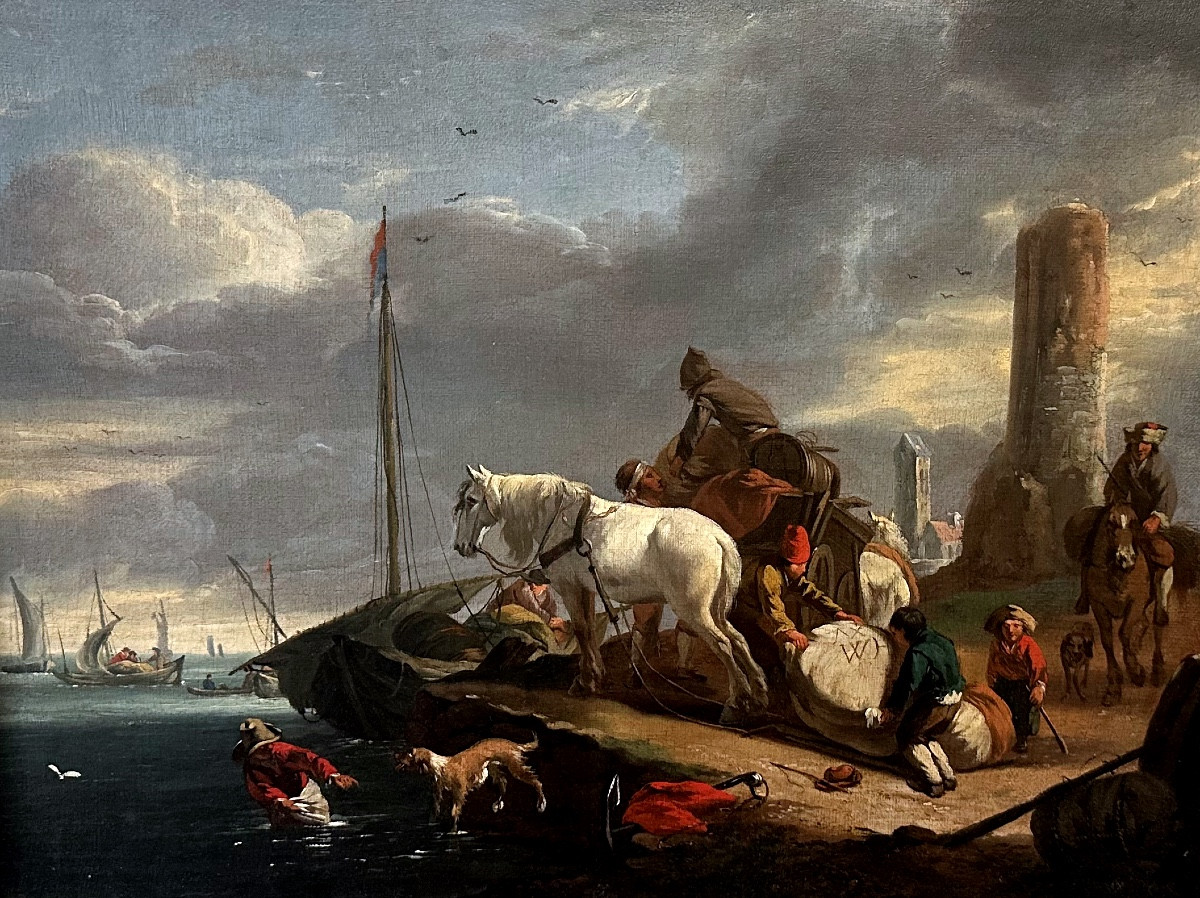 Bout-oil On Canvas-lively Harbor Scene With Horsemen And Sailors-19th Century-photo-2