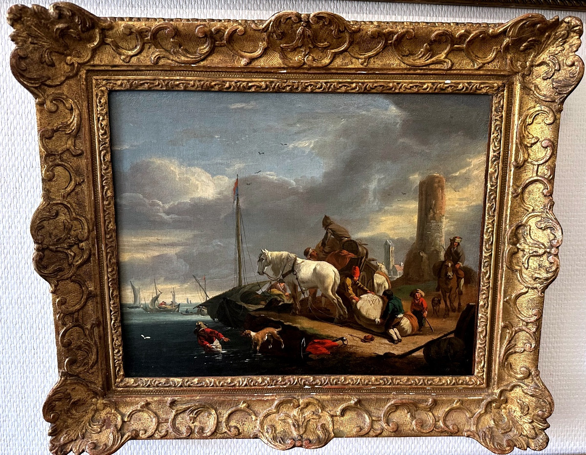 Bout-oil On Canvas-lively Harbor Scene With Horsemen And Sailors-19th Century
