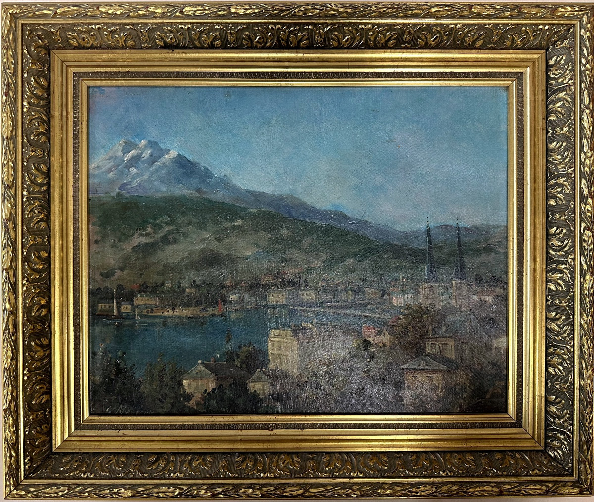 Bout-oil On Canvas-signed-view Of Lucerne – Lakeside And Old Town-switzerland