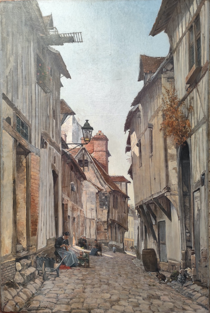 BOUT-HUILE SUR TOILE-SIGNÉE-ADRIEN JOURDEUIL-CHAUSSONNIERS-LA RUE AUX ROYS-PONT-DE-L'ARCHE-1886