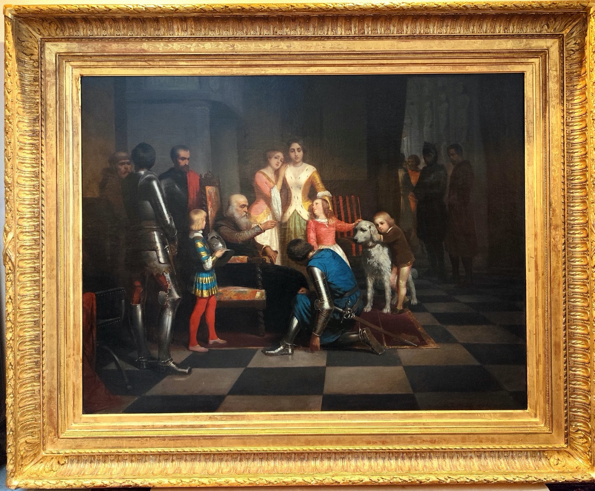 Bout-oil On Canvas-signed-r.edmond Flatters-medieval Scene-departure For The Crusades-1848
