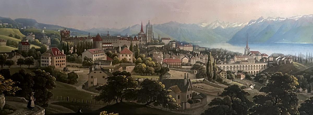 AQUATINTE ANCIENNE–VUE DE LAUSANNE ET DES ALPES VAUDOISES –J. DUBOIS D’APRÈS LA NEUVILLE -1850-photo-3