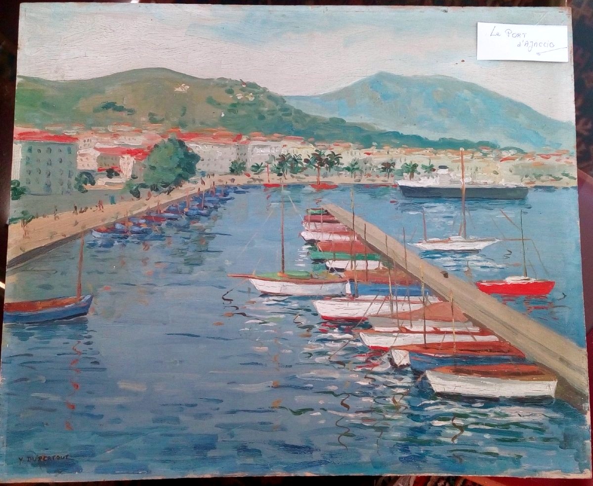 PEINTURE À L'HUILE-LE PORT D’AJACCIO - VUE ANIMÉE DU PORT CORSE PAR Y. DUPERTOUT-VERS 1950-photo-2