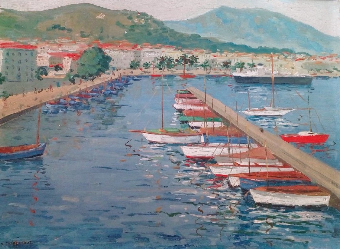 PEINTURE À L'HUILE-LE PORT D’AJACCIO - VUE ANIMÉE DU PORT CORSE PAR Y. DUPERTOUT-VERS 1950