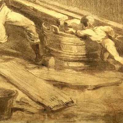DESSIN ORIGINALE SIGNÉ- EDMOND MORIN-LE PRESSOIR - SCÈNE DE VENDANGES-TRAVAIL DU VIN-1866-photo-2