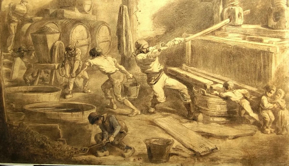 DESSIN ORIGINALE SIGNÉ- EDMOND MORIN-LE PRESSOIR - SCÈNE DE VENDANGES-TRAVAIL DU VIN-1866