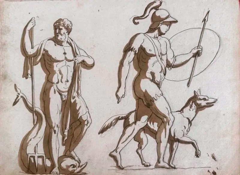 Original Double-sided Drawing - Studies Of Antique Furniture And Greek-roman Deities - Neptune 