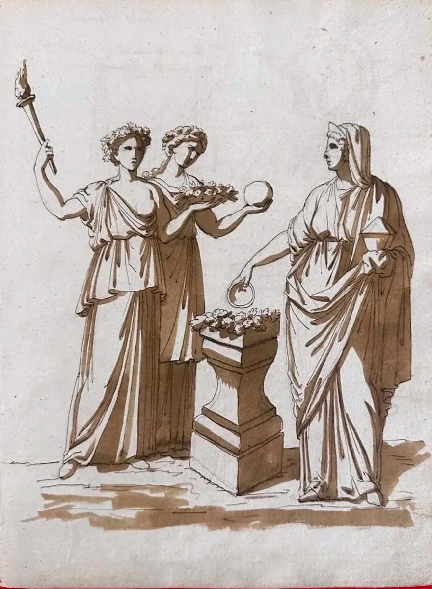 DESSIN ORIGINAL RECTO-VERSO - ROME ANTIQUE - ALLÉGORIES SACRÉES ET ARMURE IMPÉRIALE