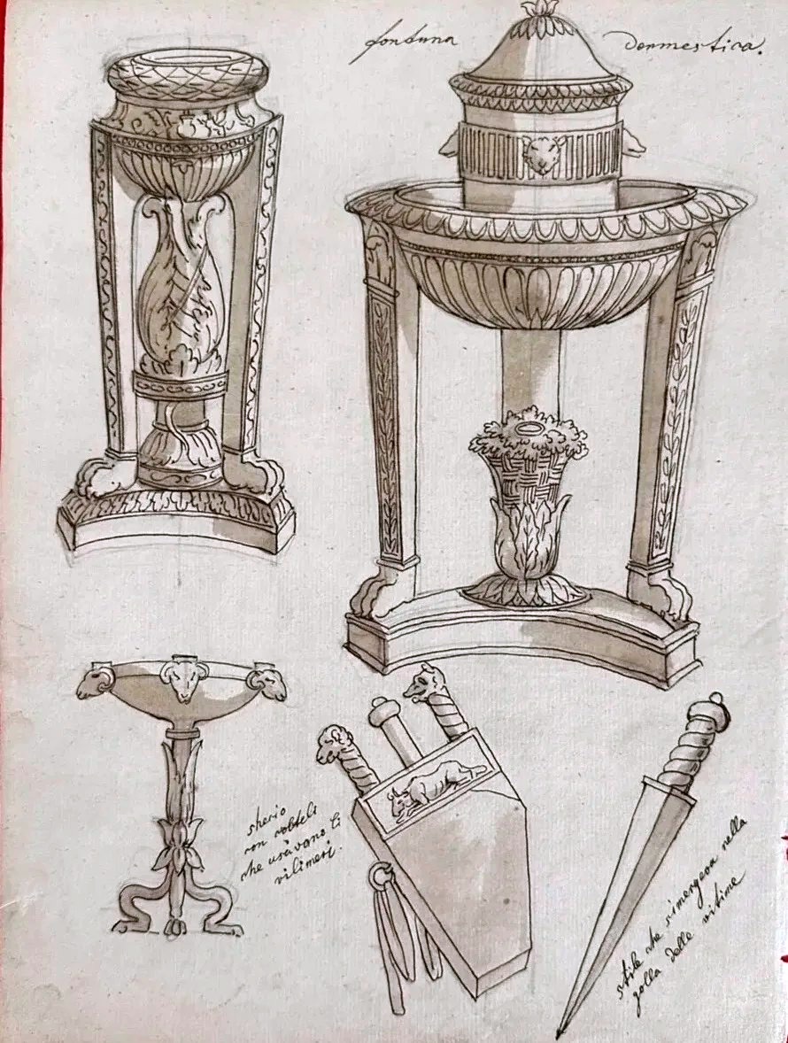 DESSIN ORIGINAL RECTO-VERSO - SCÈNE RITUELLE ANTIQUE - PRÊTRESSE ANTIQUE ET AUTELS GRÉCO-ROMAIN-photo-2