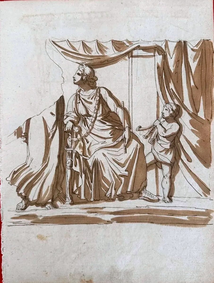 DESSIN ORIGINAL RECTO-VERSO - EMPEREUR ROMAIN SUR SON TRÔNE DOUBLE - ÉTUDE ANTIQUE 