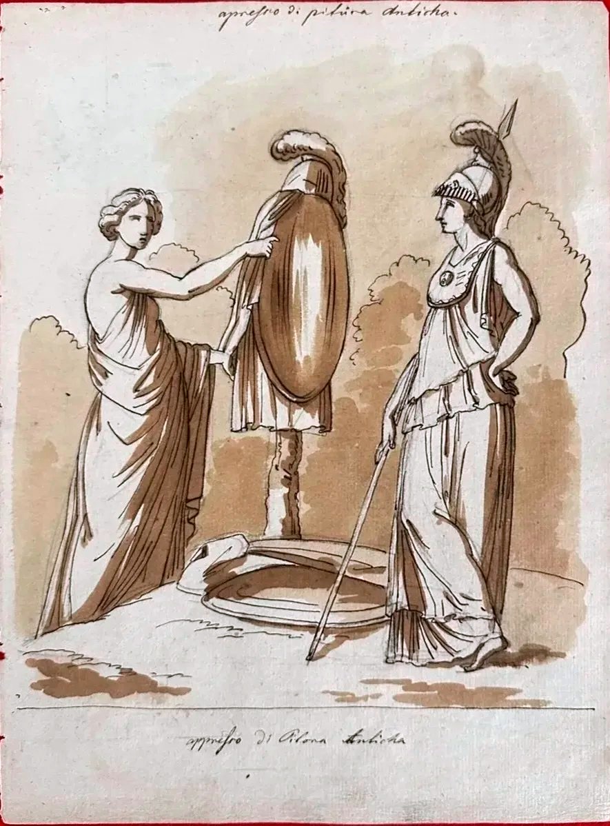 Original Double-sided Drawing—an Ancient Heroic Scene And Roman Archaeological Findings