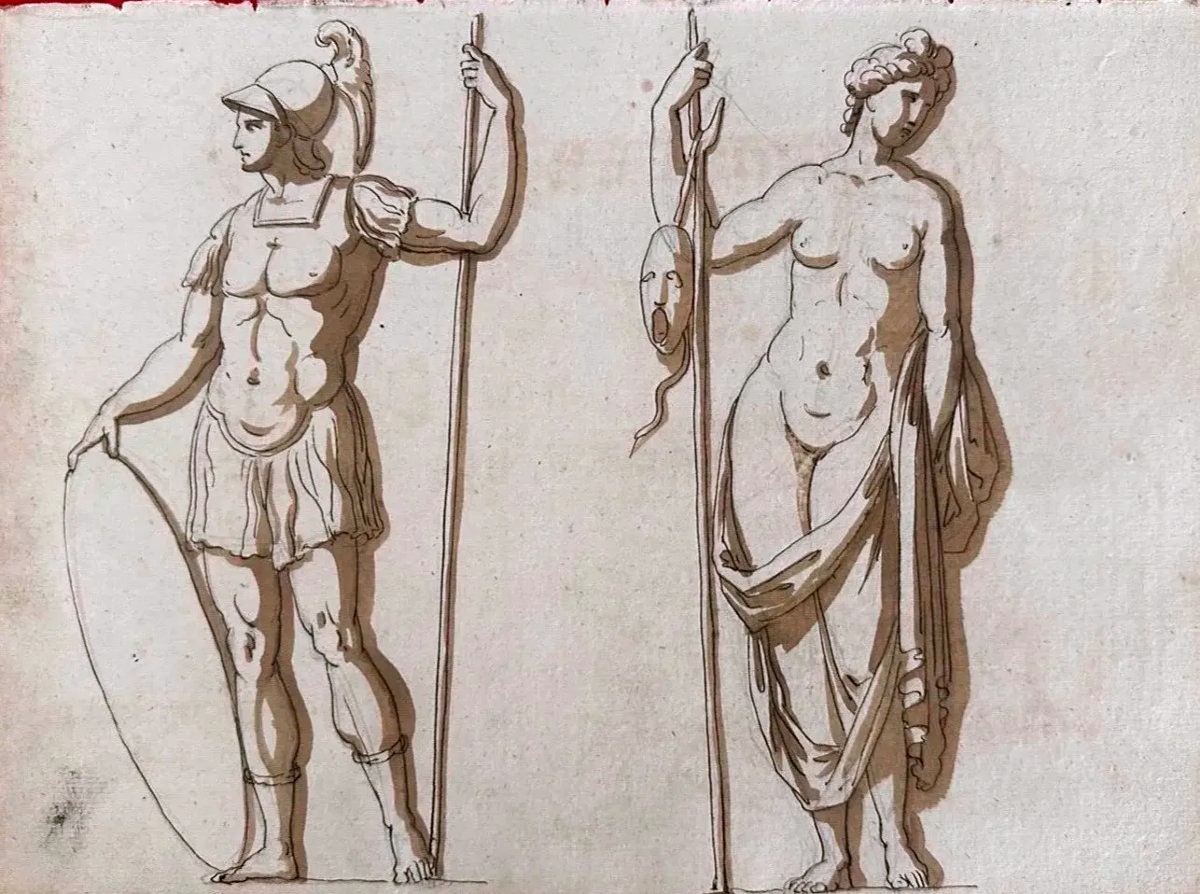 DESSIN ORIGINAL RECTO-VERSO-ATHÉNA-FIGURE ANTIQUE FÉMININE-MOBILIER ET MONUMENTS GRÉCO-ROMAINS