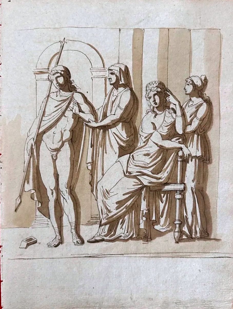 Dessin original recto-verso - Études d’objets et scène de la Grèce antique