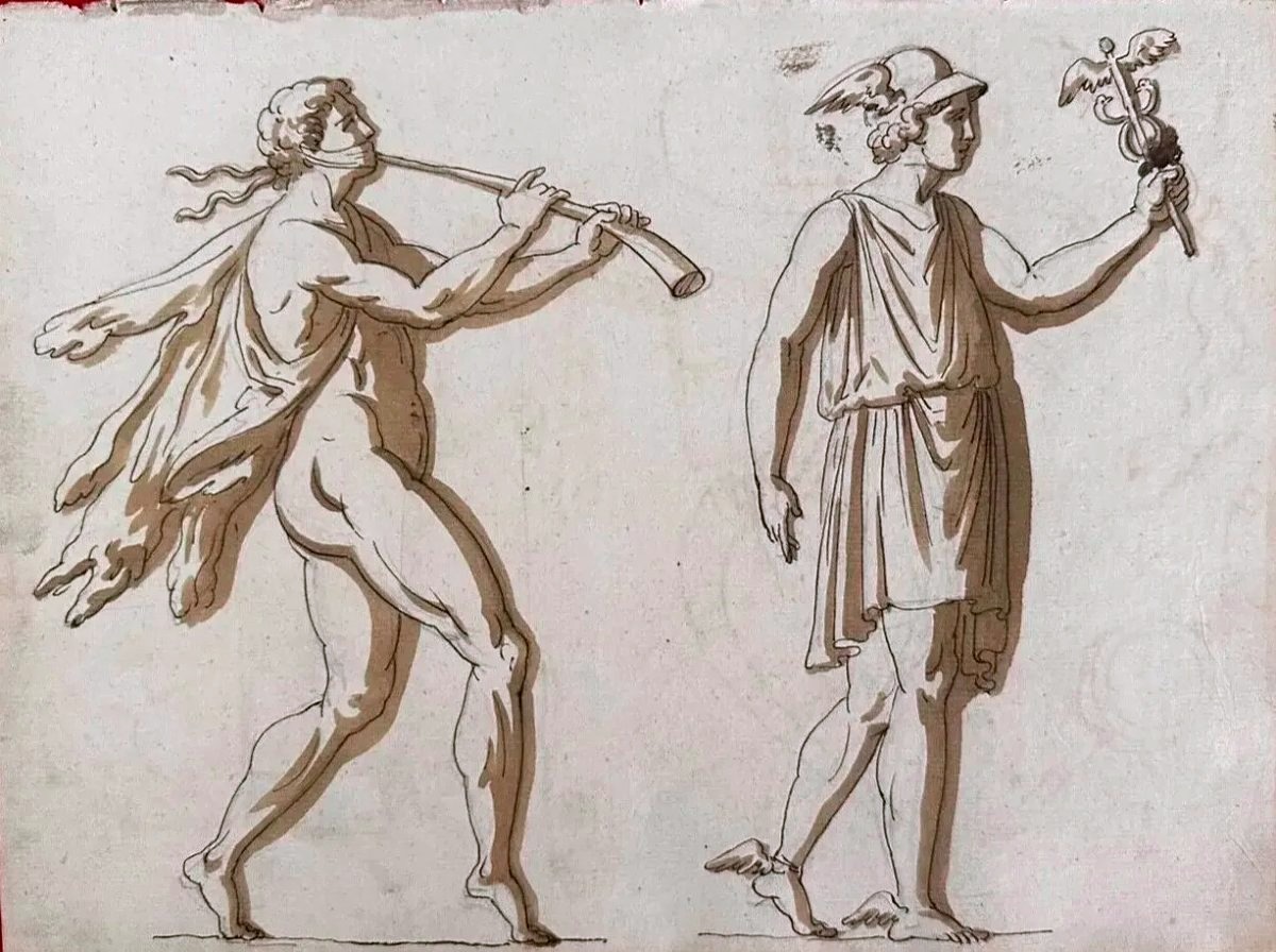 DESSIN ORIGINAL RECTO-VERSO - MERCURE ET ÉTUDES D’OBJETS ANTIQUES