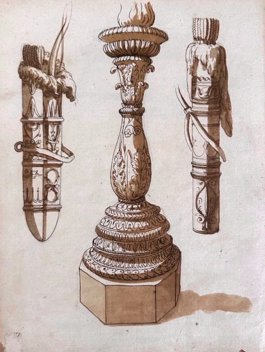 DESSIN ORIGINAL RECTO-VESRO - FIGURES HÉROÏQUES ET ÉTUDES D’OBJETS RITUELS DE L’ANTIQUITÉ-photo-2