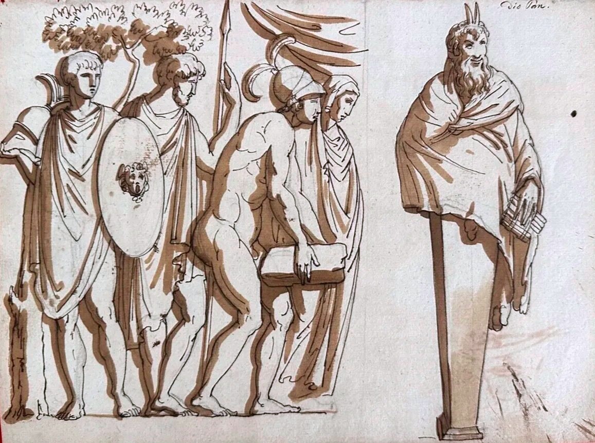 DESSIN ORIGINAL RECTO-VESRO - FIGURES HÉROÏQUES ET ÉTUDES D’OBJETS RITUELS DE L’ANTIQUITÉ