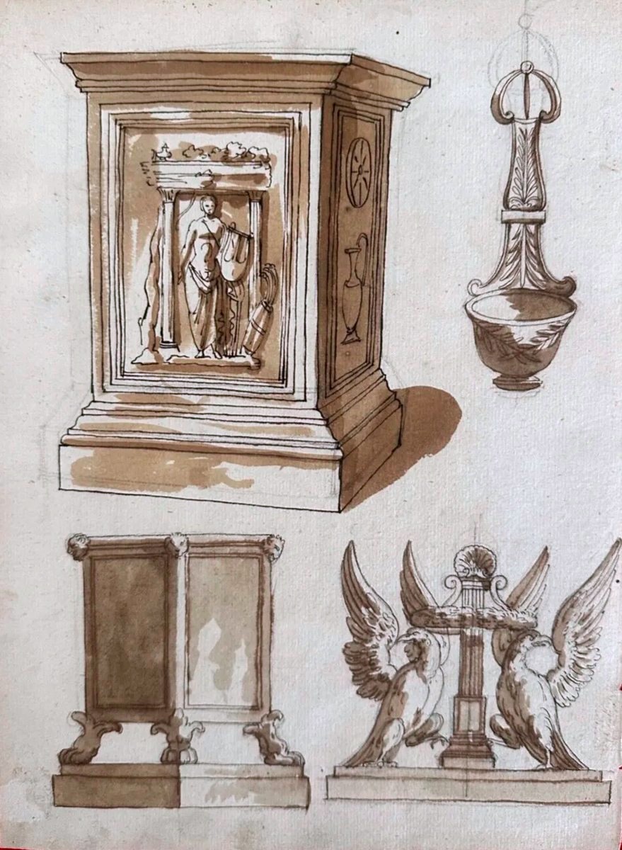 Original Double-sided Drawing – Cleopatra And Antique Figures – Greco-roman Furniture-photo-2