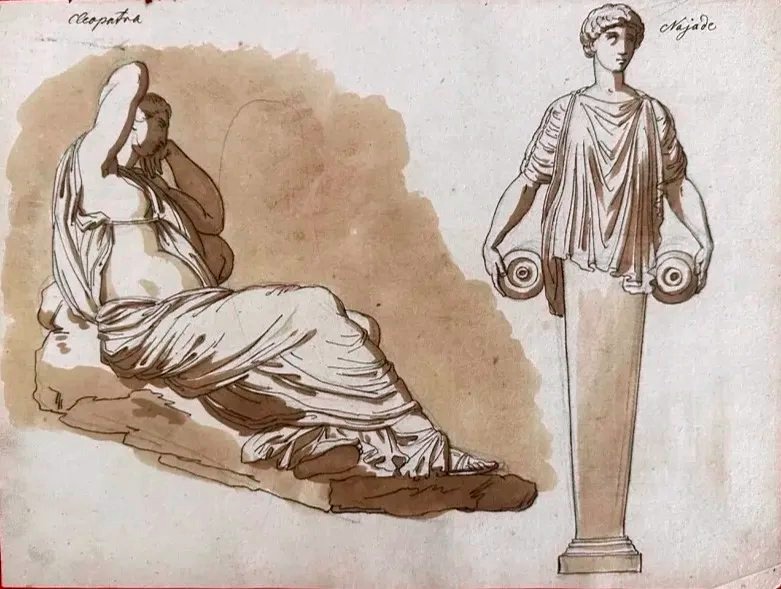 Original Double-sided Drawing – Cleopatra And Antique Figures – Greco-roman Furniture