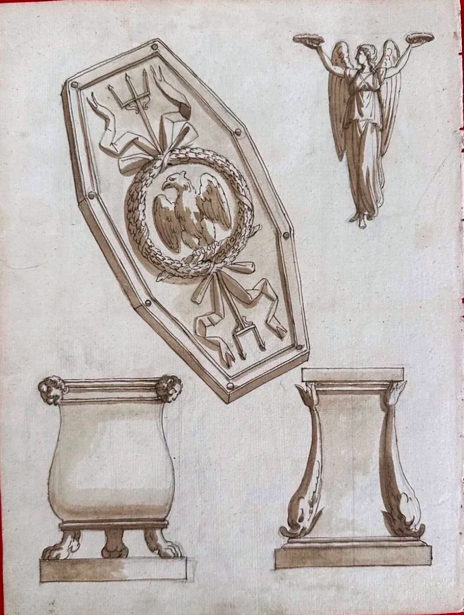DESSIN ORIGINAL RECTO-VERSO – GUERRIERS ANTIQUES ET MOBILIER GREC-photo-2