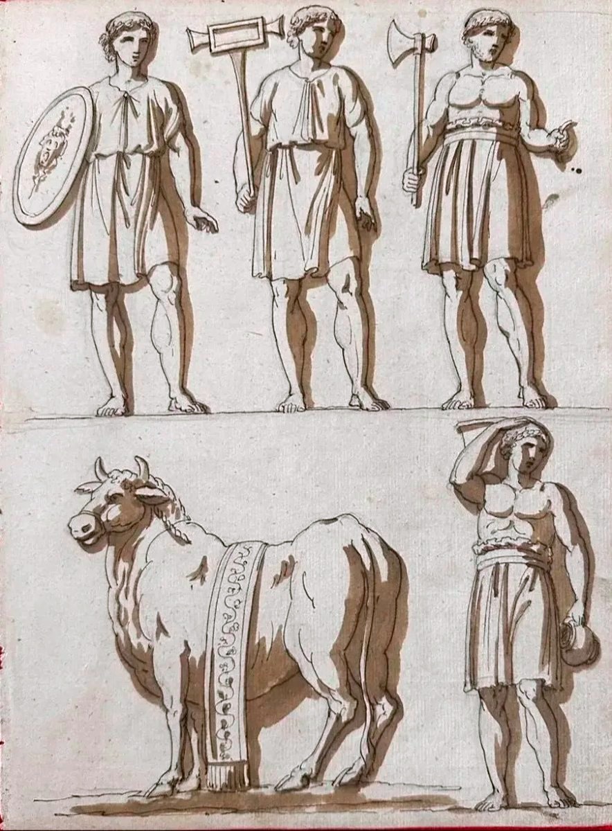 DESSIN ORIGINAL RECTO-VERSO – GUERRIERS ANTIQUES ET MOBILIER GREC