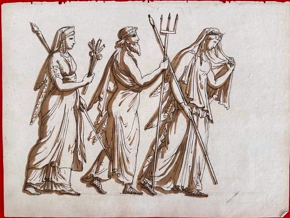 Original Double-sided Drawing - The God Neptune And The Vestal Virgins - Ancient Scene