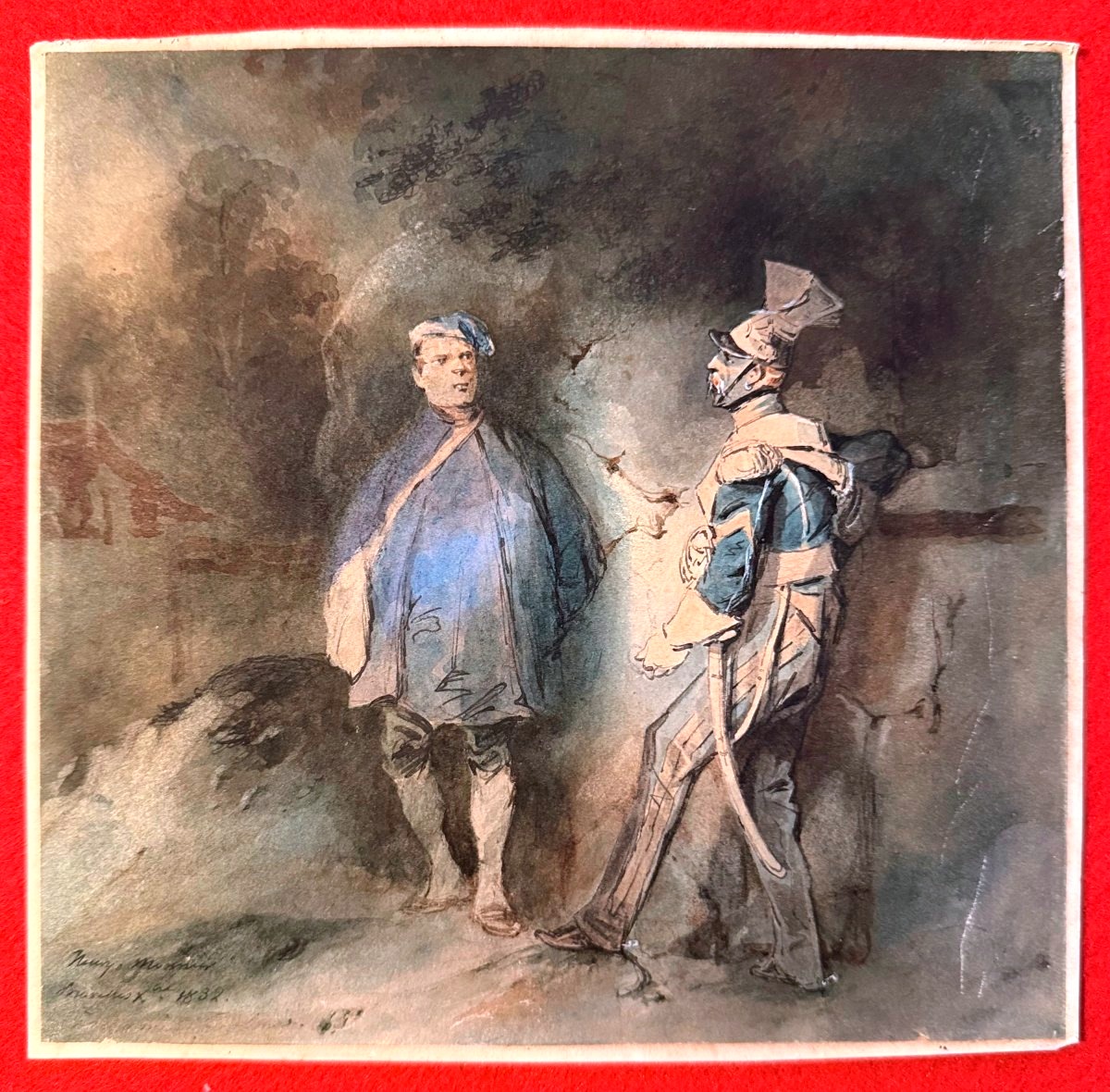 Watercolor And Ink Wash—signed—encounter With A Hussar—henry Monnier—1832-photo-2