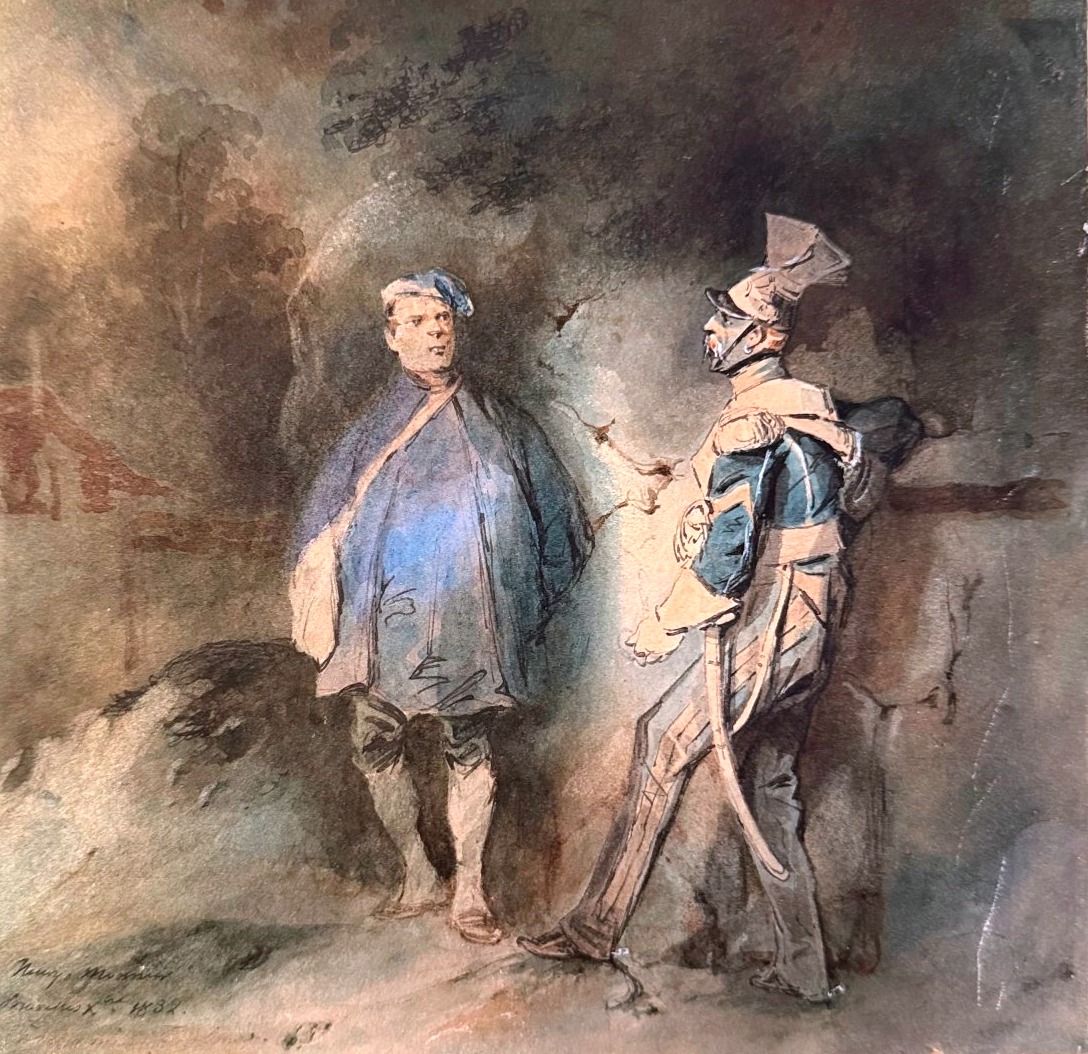 Watercolor And Ink Wash—signed—encounter With A Hussar—henry Monnier—1832