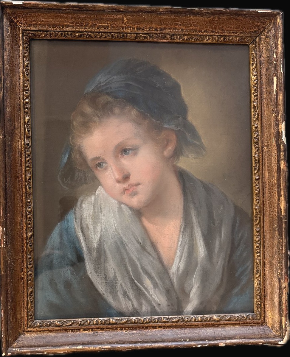 PASTEL ANCIEN, « PORTRAIT D'ENFANT AU BONNET BLEU », CADRE ANCIEN EN BOIS-ALLAIS-GLAIN-VIGÉE-photo-2
