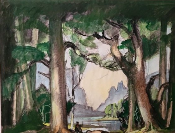 GOUACHE ORIGINALE-GASTON MARTY-OPÉRA DE BORDEAUX-[WAGNER]-PAYSAGE MYTHOLOGIQUE-ALLEMAND-1930-photo-3