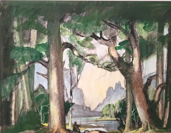GOUACHE ORIGINALE-GASTON MARTY-OPÉRA DE BORDEAUX-[WAGNER]-PAYSAGE MYTHOLOGIQUE-ALLEMAND-1930