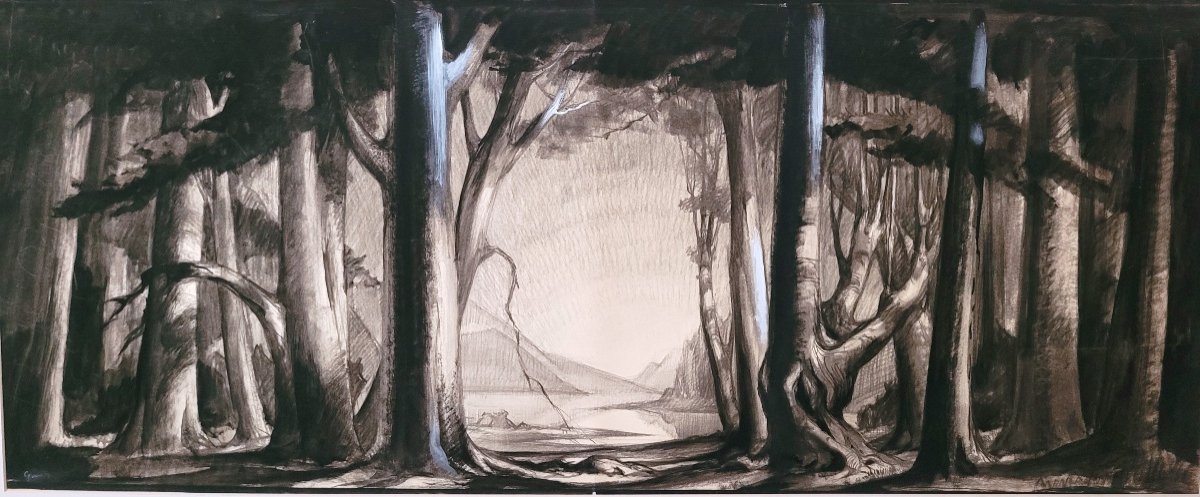 Gouache Originale-gaston Marty-opéra De Bordeaux-[wagner]-forêt-lac-paysage Fantastique-1930