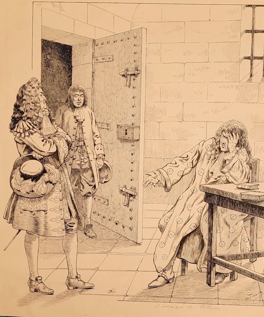 C27/38-DESSIN &Agrave; LA PLUME-SIGN&Eacute;-JOB-NICOLAS FOUQUET DANS SA PRISON-VERS 1900