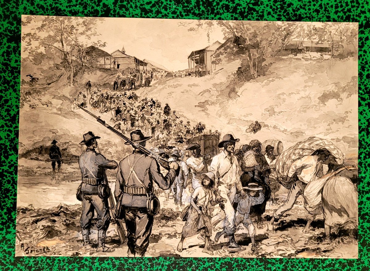 Auguste Gérardin-original Watercolor And Wash-signed-scene Of Exodus In South America-1880-photo-2